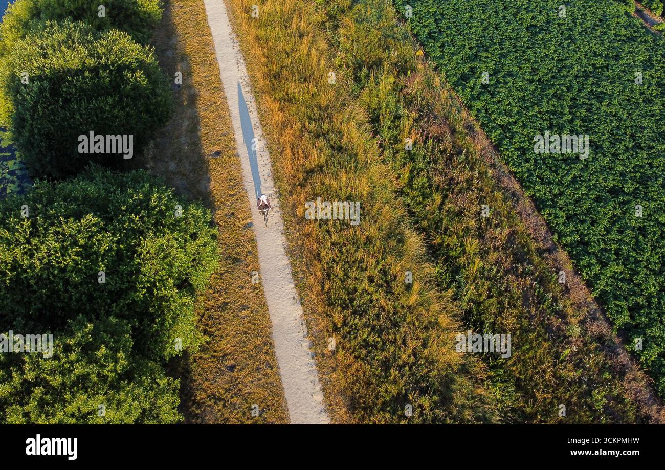 Vue aérienne d'un cycliste le long du chemin de halage du canal à côté de terres agricoles Banque D'Images