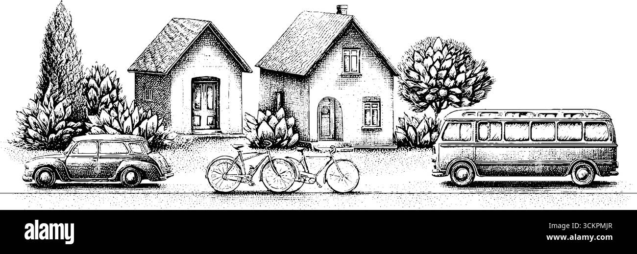 Charmante scène de campagne avec des maisons, voiture ancienne, vélo et bus pour des projets de conception. Illustration de Vecteur