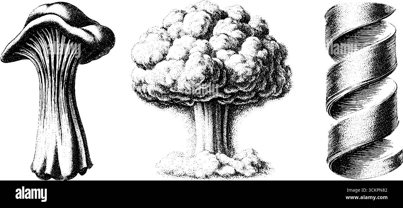 Concepts abstraits mettant en vedette un nuage de champignons, une structure de champignons et un design métallique torsadé. Illustration de Vecteur