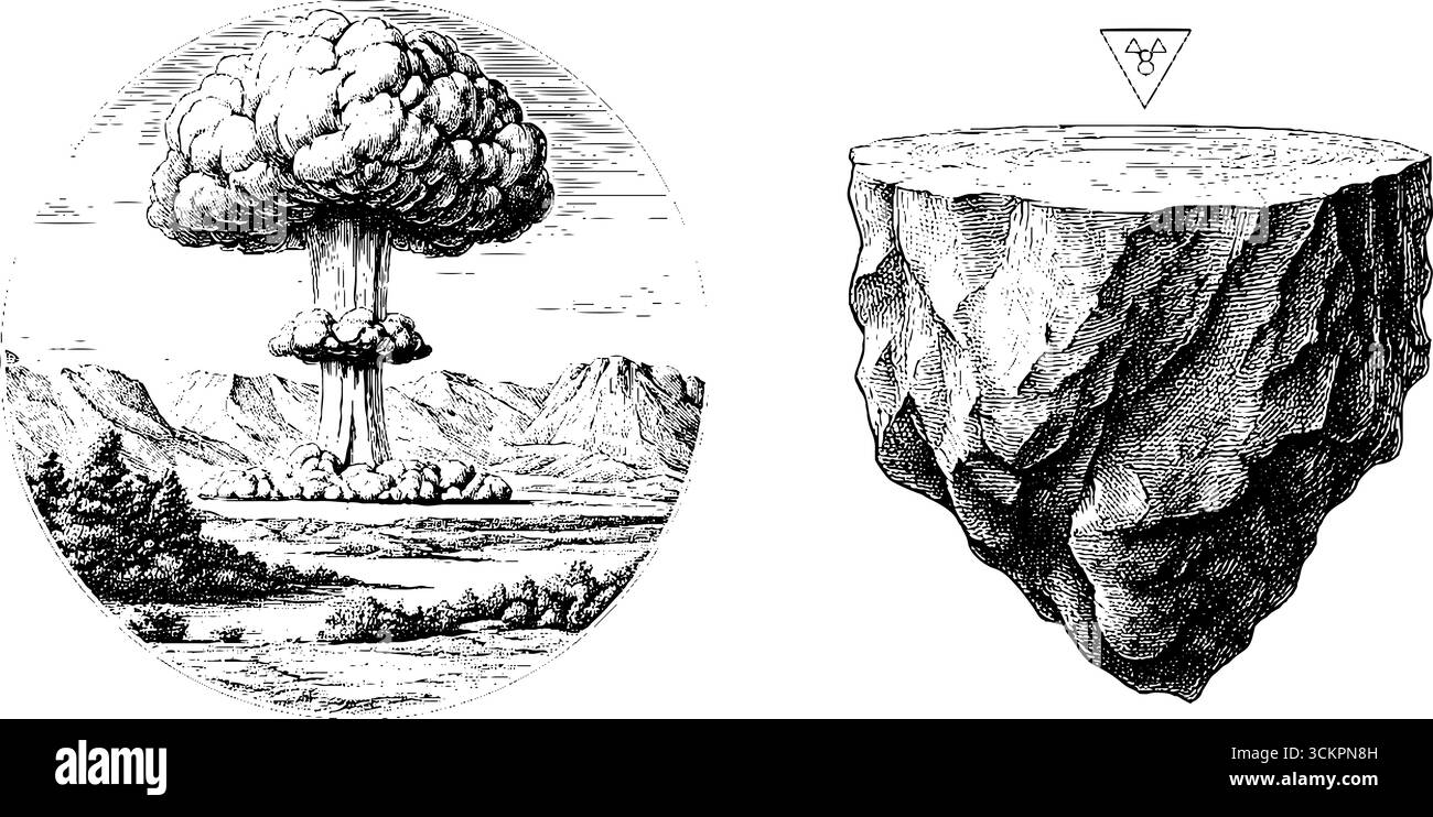 Ensemble illustratif présentant le concept de nuage de champignons nucléaires et de particules de retombées. Illustration de Vecteur