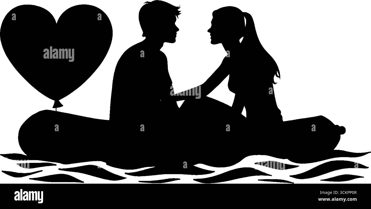 Couple romantique sur le bateau à aubes avec ballon en forme de coeur dans la conception de silhouette. Illustration de Vecteur