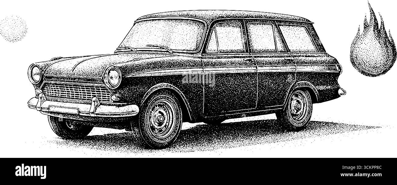 Wagon de station vintage avec illustration de décalcomanie de flamme pour le design rétro. Illustration de Vecteur