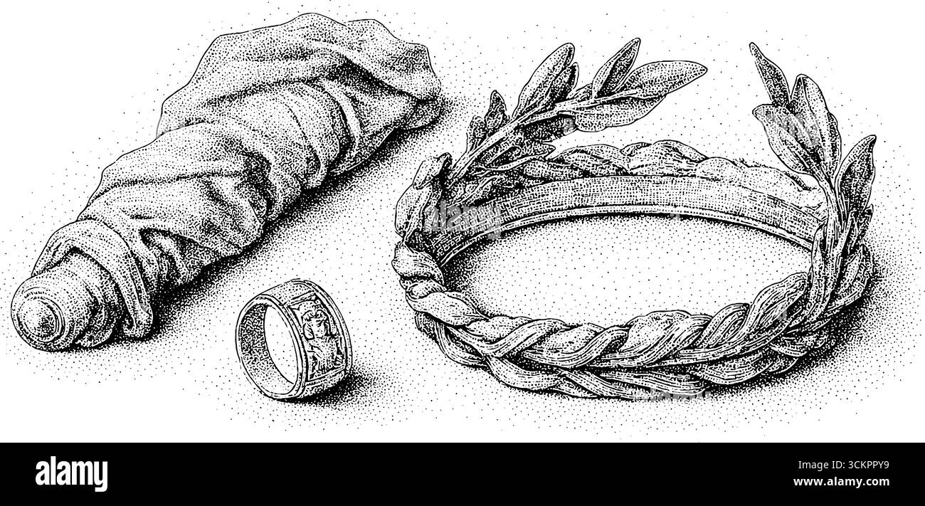 Tenue romaine antique et accessoires avec toge, anneau de signature en or et couronne de laurier. Illustration de Vecteur