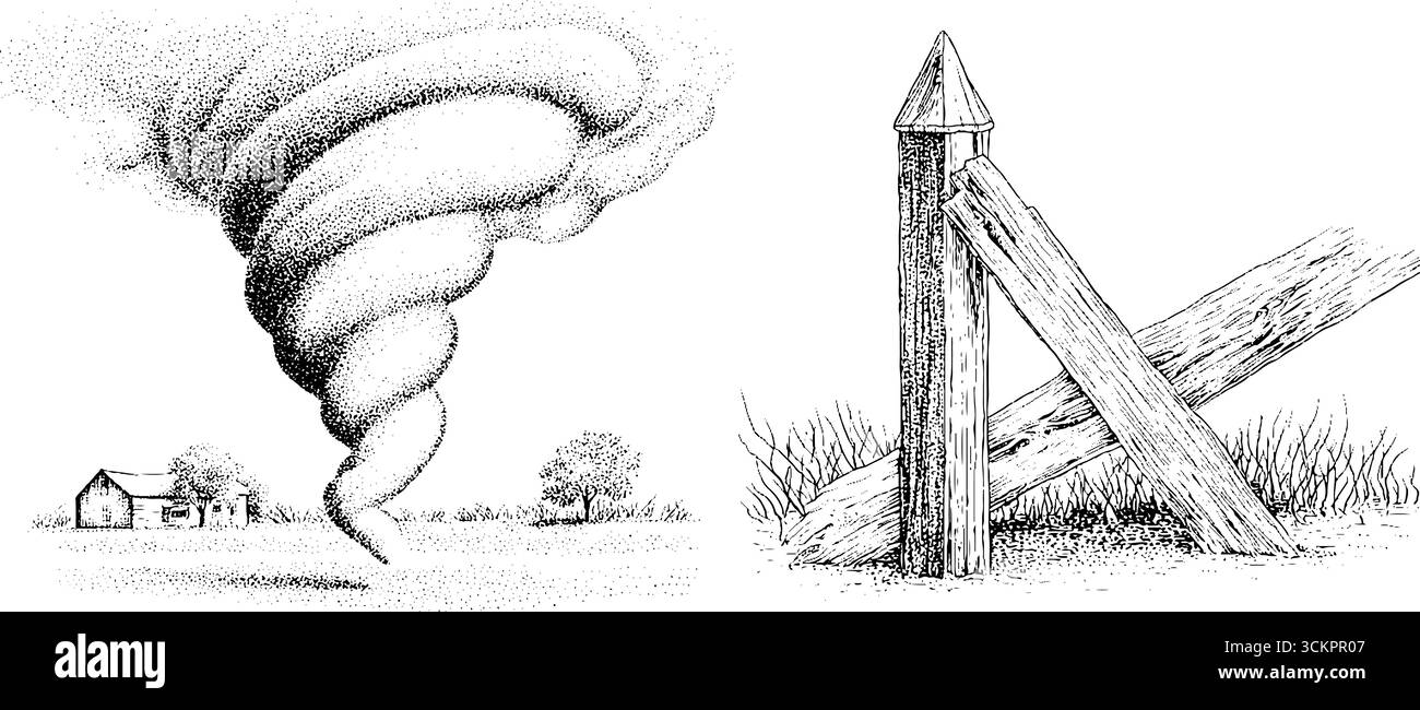 Entonnoir de tornade et poussière tourbillonnante sur la campagne avec poteau de clôture. Illustration de Vecteur
