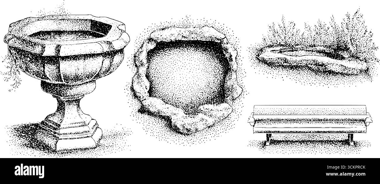 Ensemble de jardin serein avec murs d'eau et conception d'étang réfléchissant pour l'aménagement paysager. Illustration de Vecteur