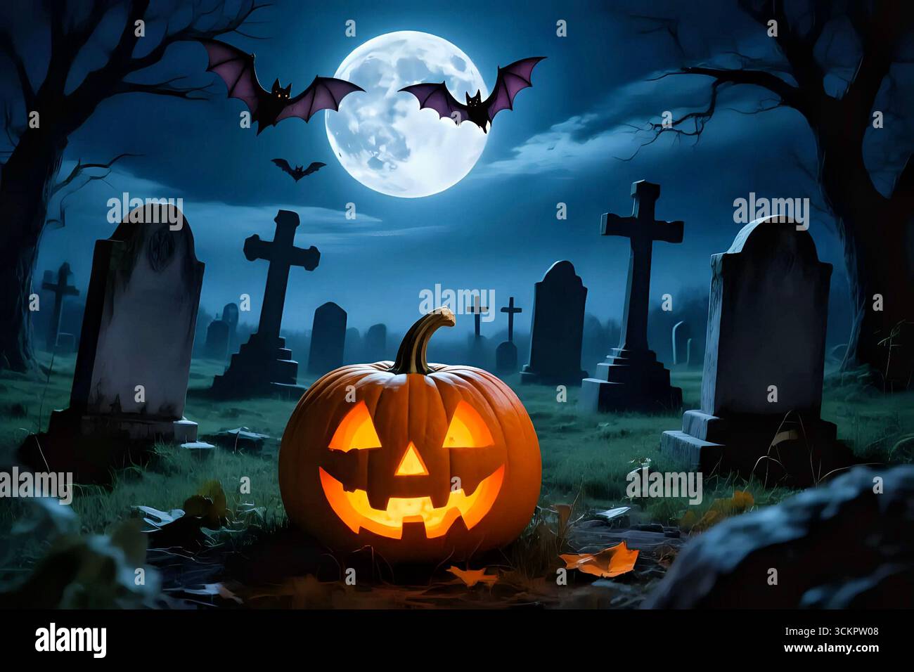 Citrouille d'Halloween sur la vieille route abandonnée et le château médiéval avec la chauve-souris voler au-dessus de la pleine lune sur le fond. Banque D'Images