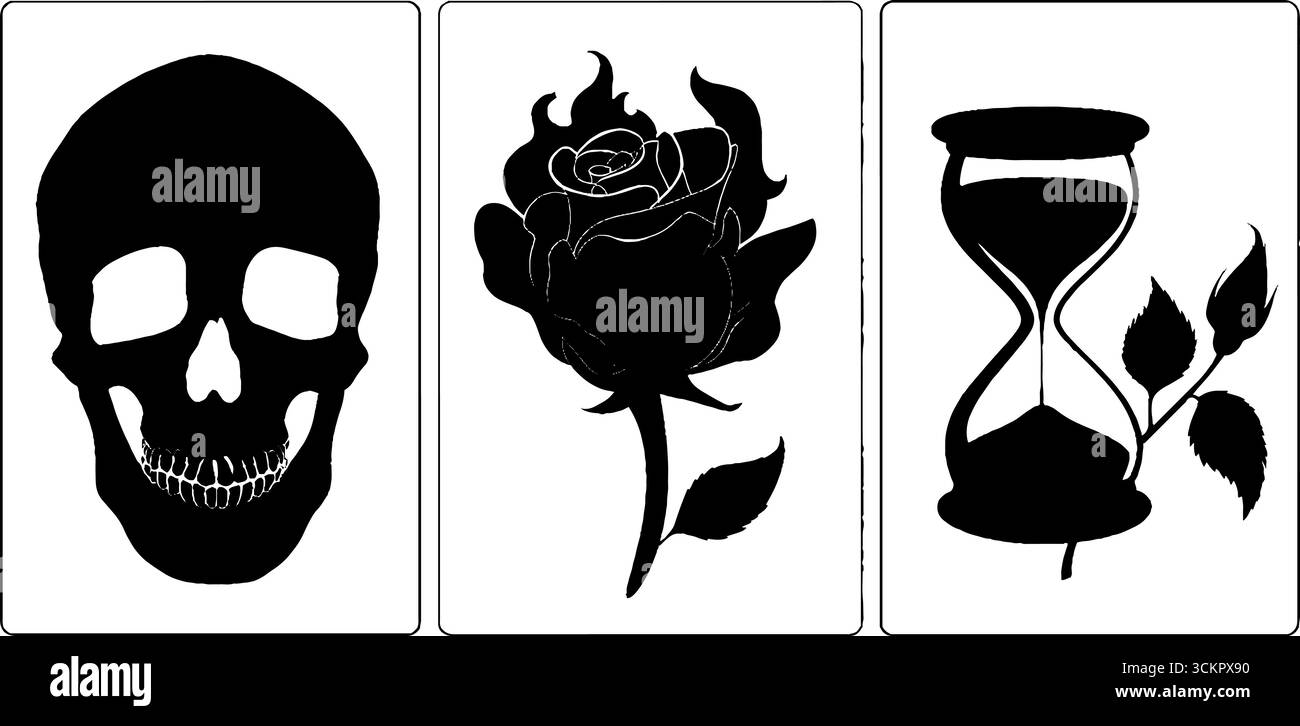 Collection Gothic Elements : silhouettes de crâne, de rose et de sablier. Illustration de Vecteur