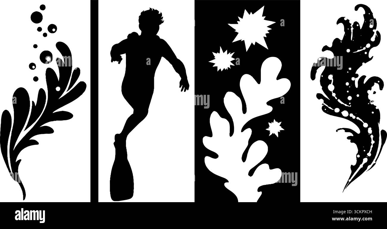 Silhouette d'aventure sous-marine avec plongeur, tourbillon de bulles et motifs vagues pour des designs dynamiques. Illustration de Vecteur