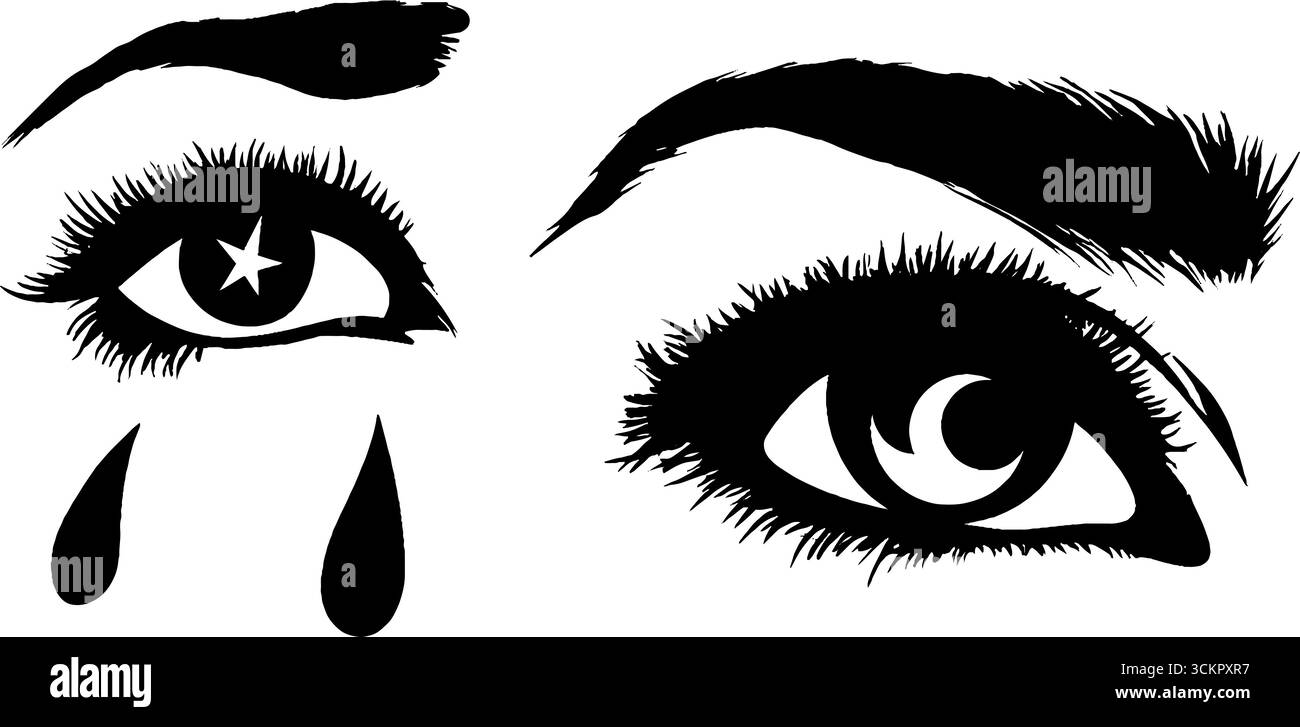Des yeux émotionnels avec des larmes, un arc de tourbillon et des étoiles pour des conceptions artistiques. Illustration de Vecteur