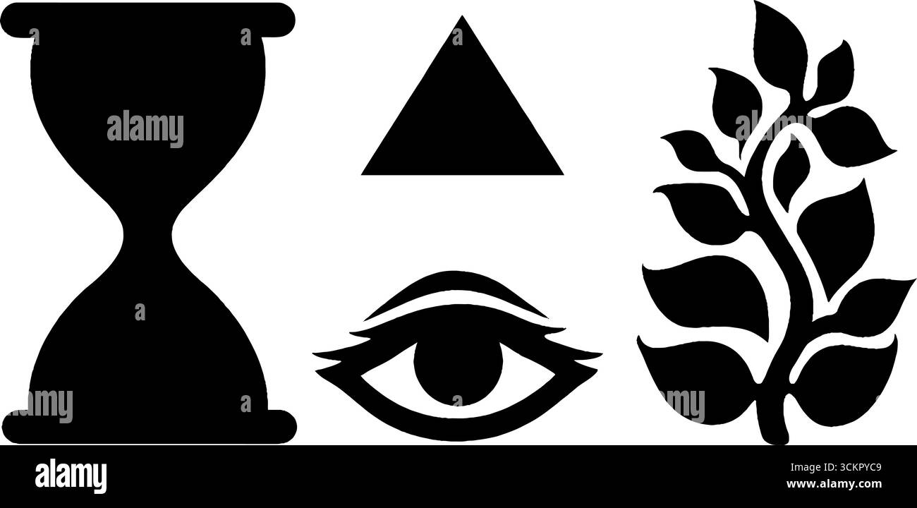 Symboles mystérieux avec sablier, œil en triangle et éléments de conception de tourbillon de vigne. Illustration de Vecteur