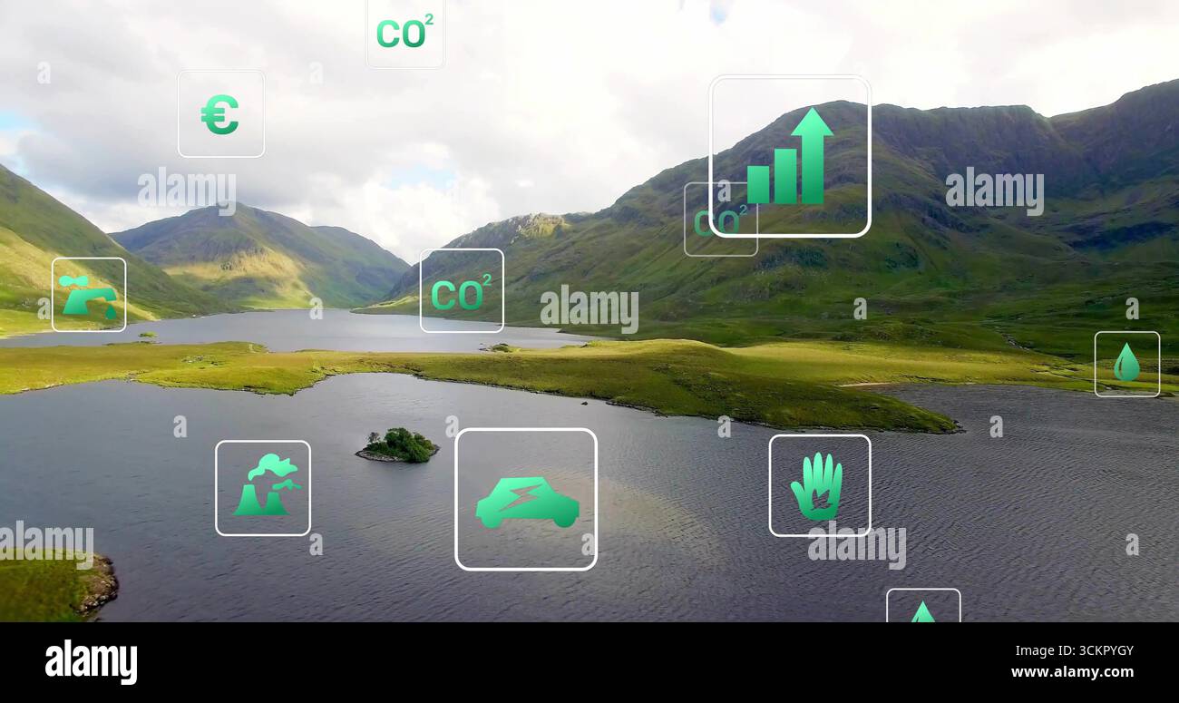 Icônes flottantes de superposition numérique montrant les données économiques environnementales au lac de montagne, île herbeuse Banque D'Images