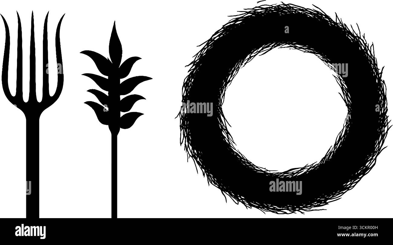 Éléments agricoles rustiques : silhouette de balle de foin et conception de fourche pour des thèmes agricoles. Illustration de Vecteur