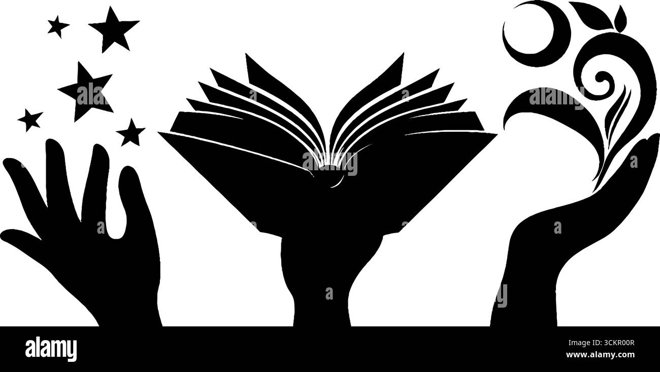 Mains mystiques avec livre ouvert, étoiles et croissant de lune pour un design magique. Illustration de Vecteur