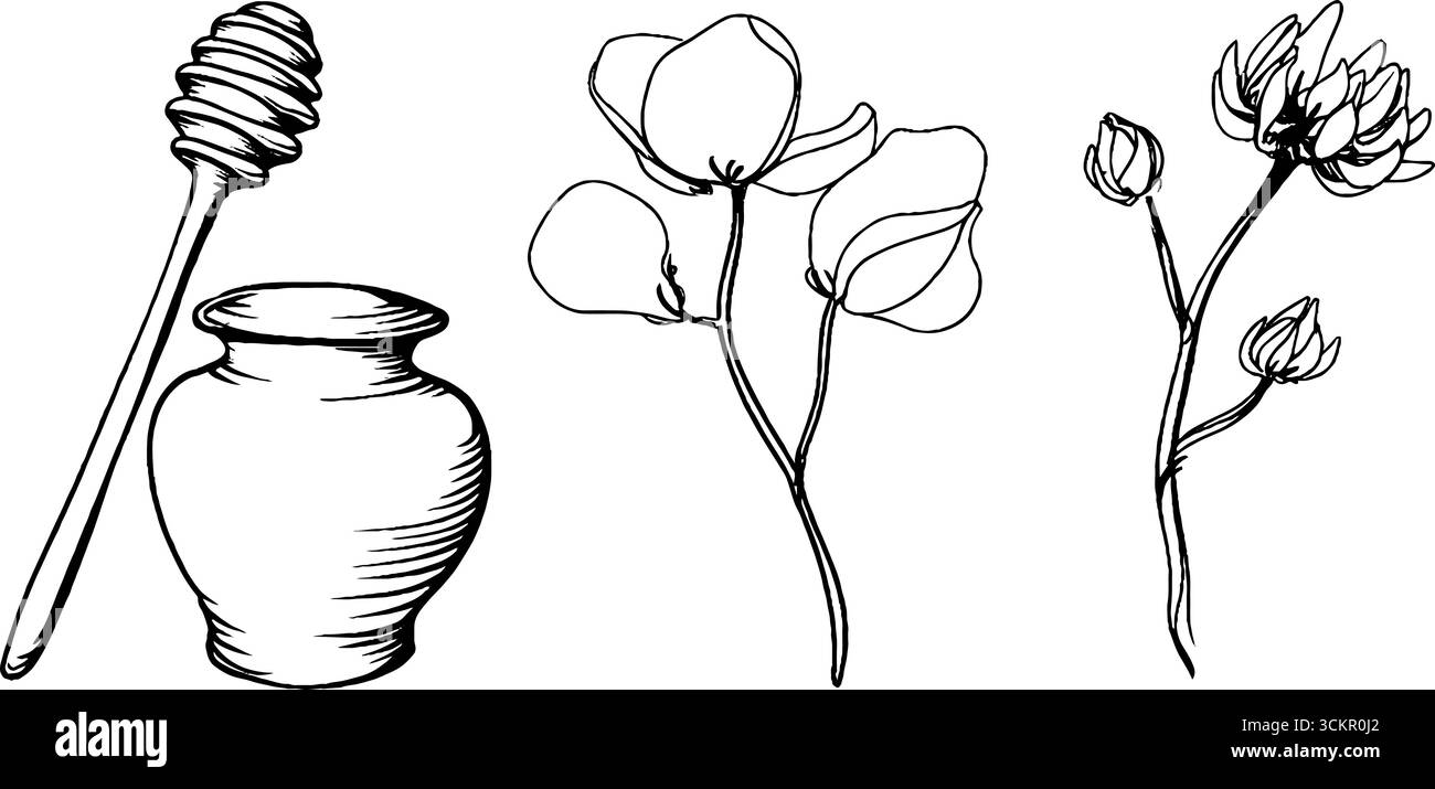 Ensemble minimaliste d'art au trait avec éléments de ruche et agitateur de miel pour les projets de design. Illustration de Vecteur
