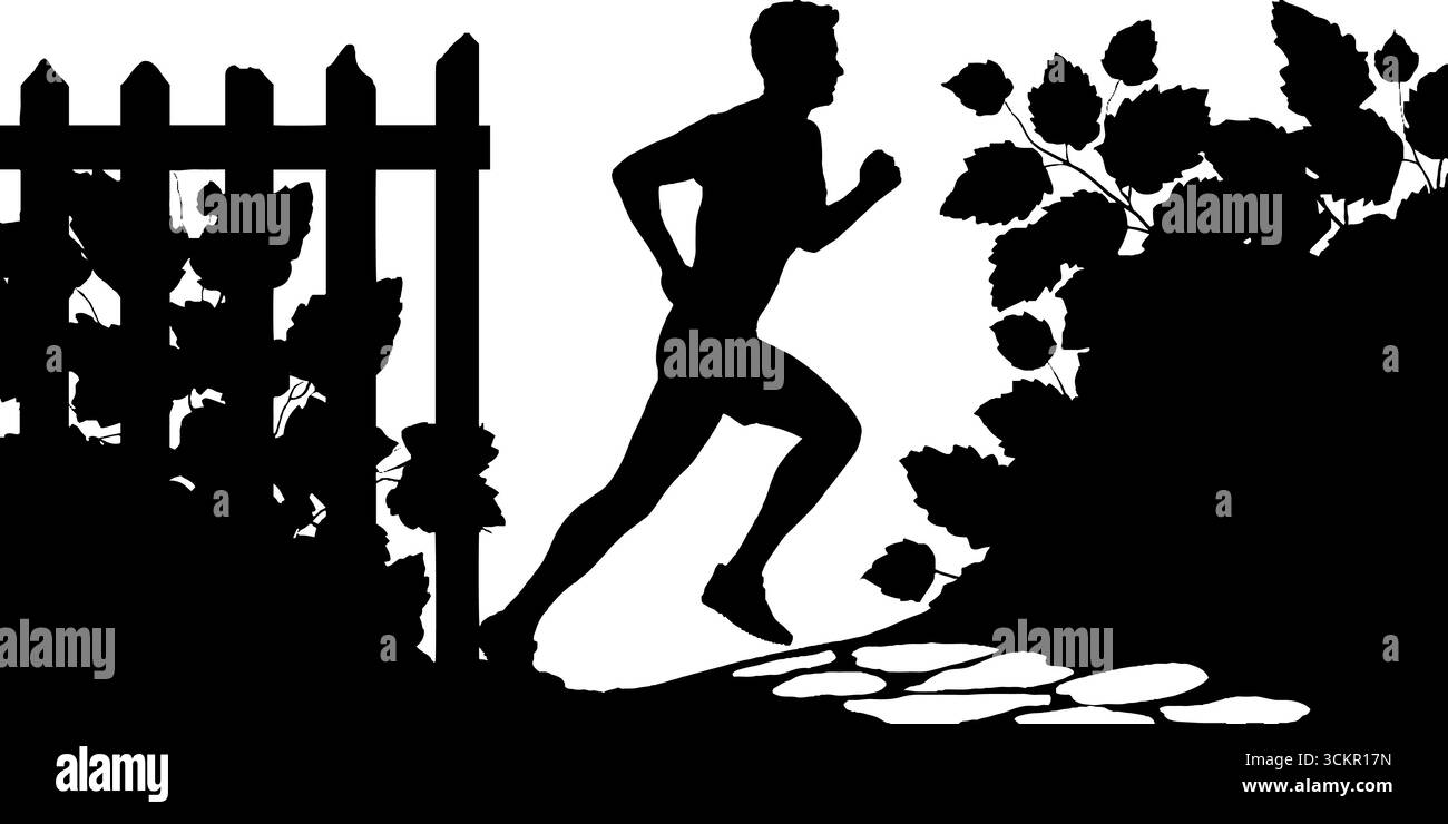 Silhouette de coureur au lever du soleil près d'une vieille porte entourée par la nature. Illustration de Vecteur