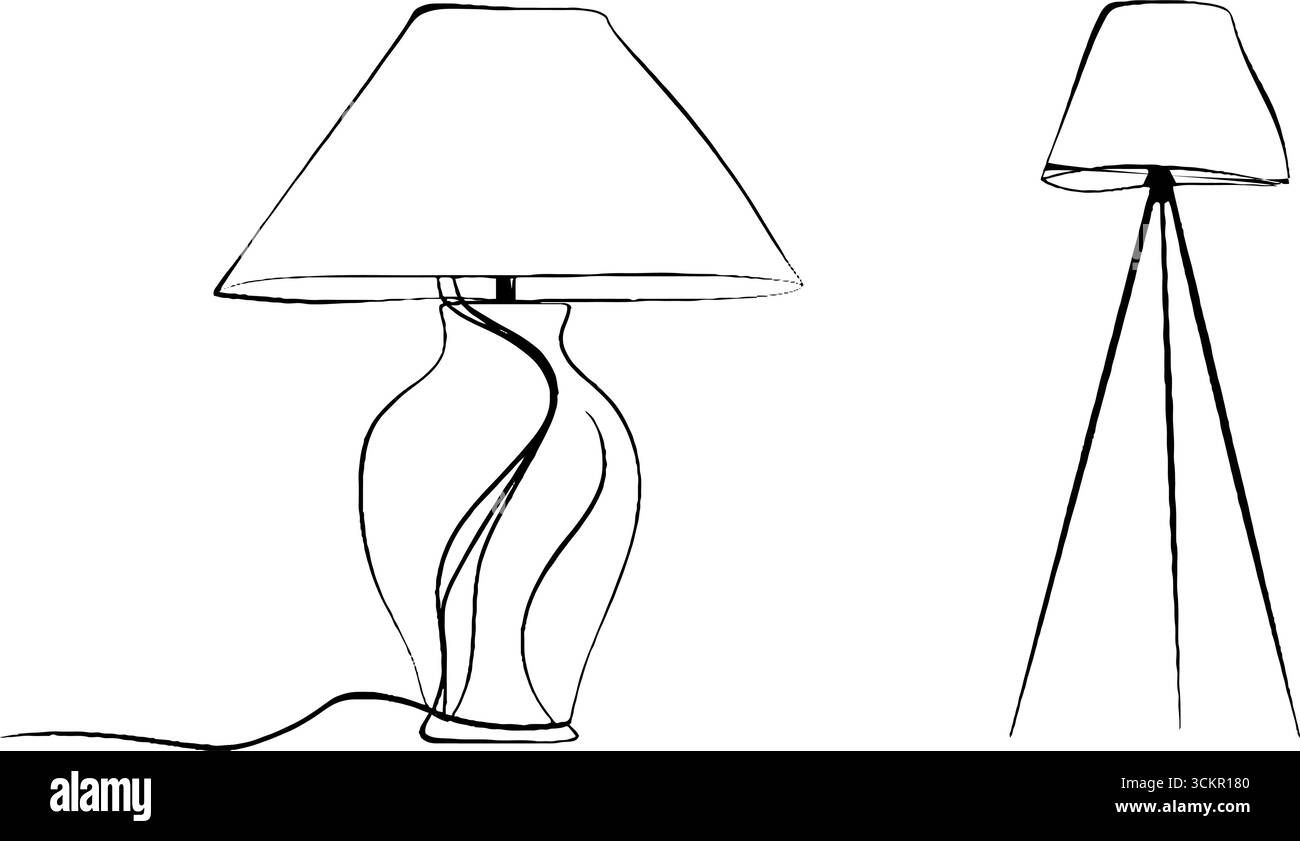 Illustration minimaliste d'art au trait de lampadaire et jeu de lampe de table pour le design d'intérieur. Illustration de Vecteur