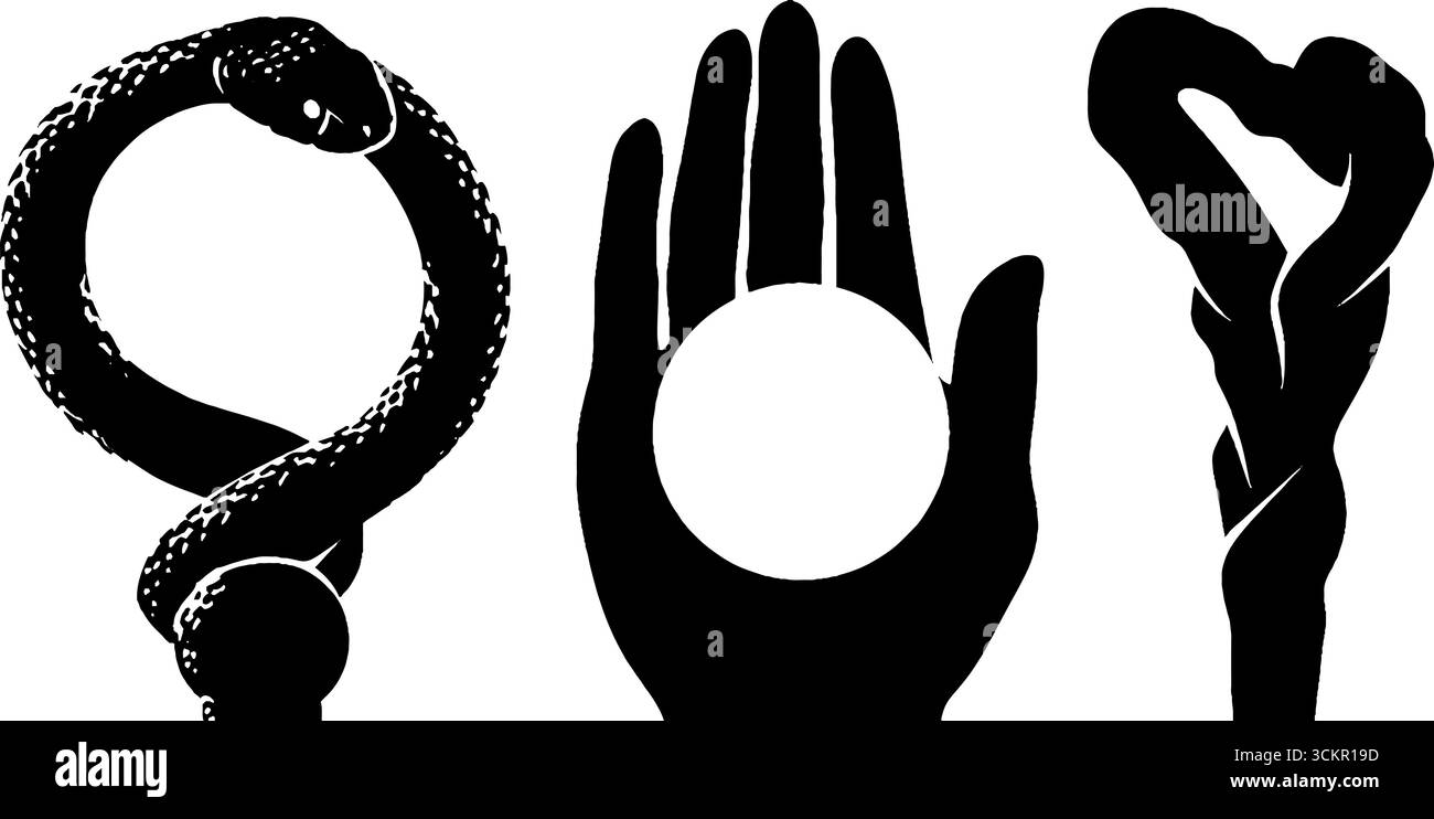 Ensemble mystique avec anneau serpent, bâton de rune et illustration de palmier ouvert pour des conceptions magiques. Illustration de Vecteur
