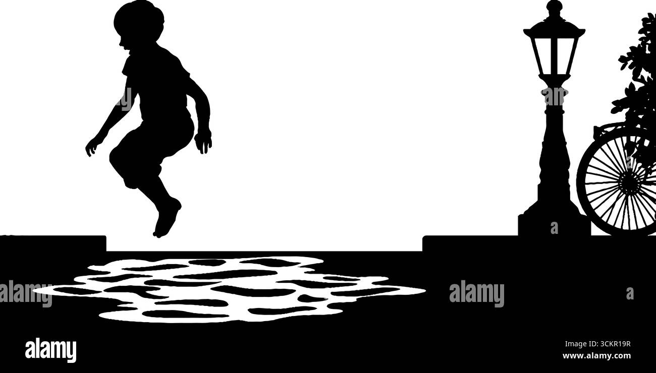 Enfant sautant joyeusement sur la silhouette de flaque dans la scène de rue urbaine. Illustration de Vecteur
