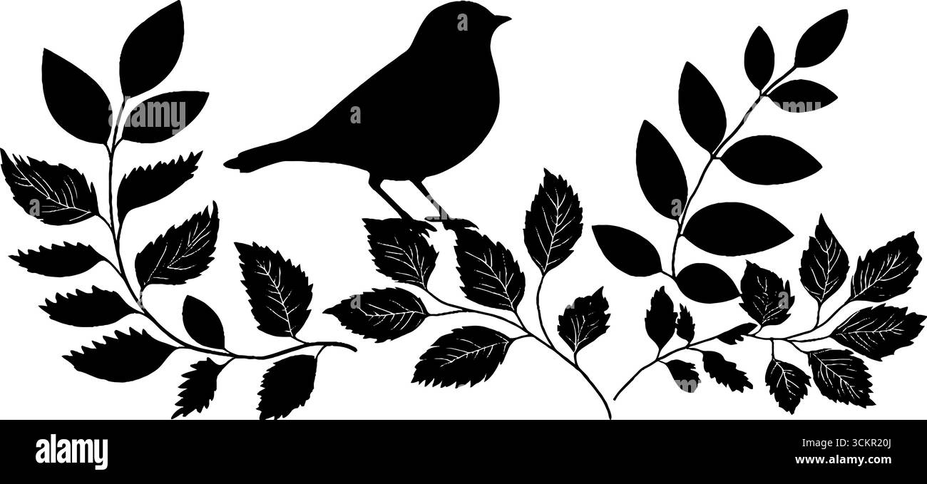 Silhouette d'oiseau traditionnelle avec arc floral et conception de feuilles pour une utilisation décorative. Illustration de Vecteur