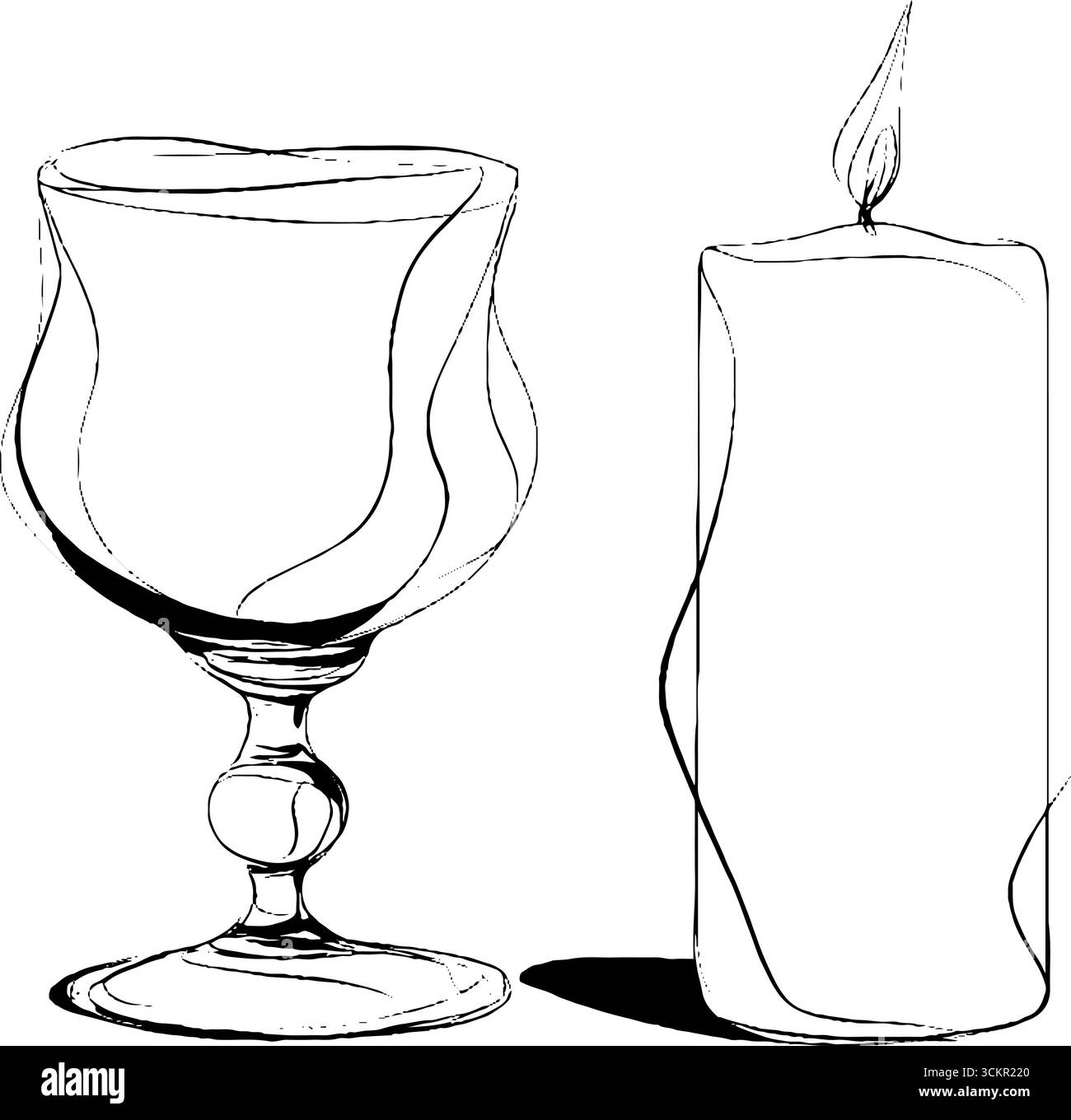 Ensemble élégant d'art au trait de porte-bougie et bougie allumée pour la conception de décoration. Illustration de Vecteur