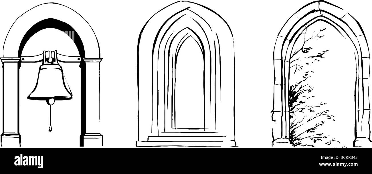Élégant ensemble d'art au trait avec cloche, applique et arcades gothiques pour un design créatif. Illustration de Vecteur