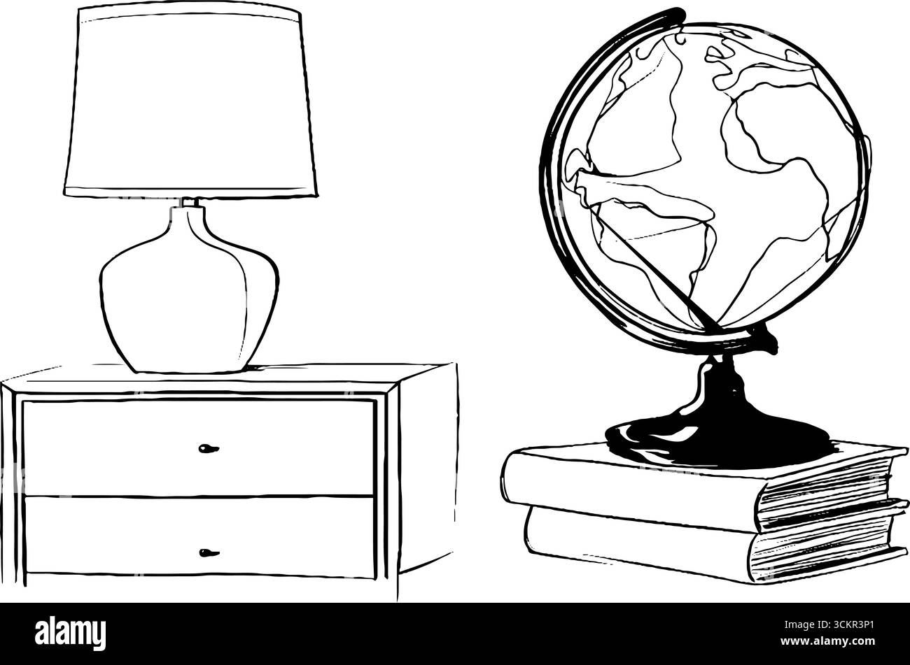 Illustration minimaliste d'art au trait de table de chevet avec lampe et globe pour la décoration de la maison. Illustration de Vecteur