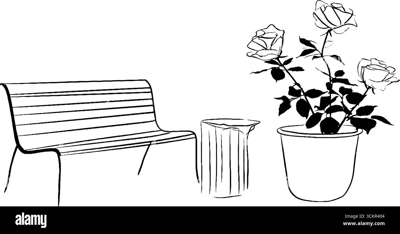 Art de ligne minimaliste de banc de parc avec poubelle et roses en pot pour les concepts de design urbain. Illustration de Vecteur