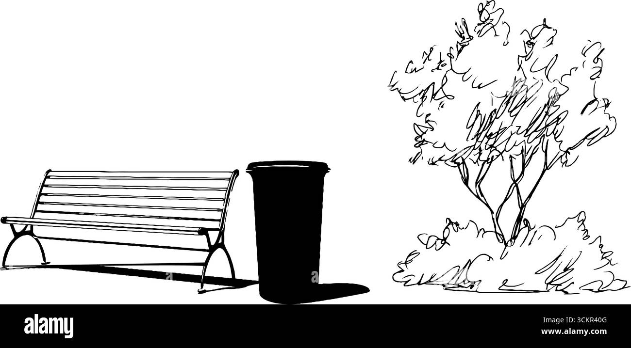 Scène de parc minimaliste avec banc et poubelle dessiner l'art pour les projets de conception. Illustration de Vecteur