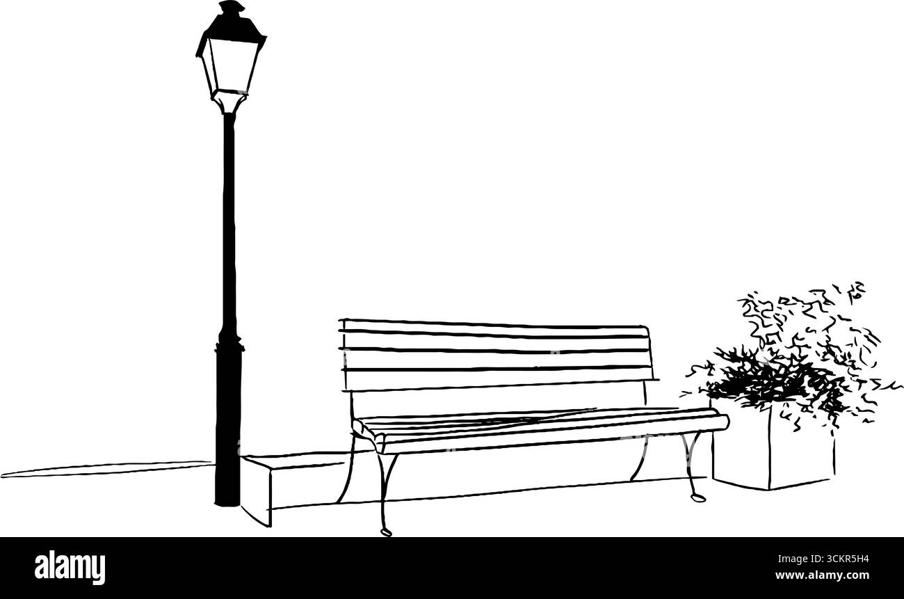 Décoration urbaine minimaliste avec banquette et lampadaire. Illustration de Vecteur