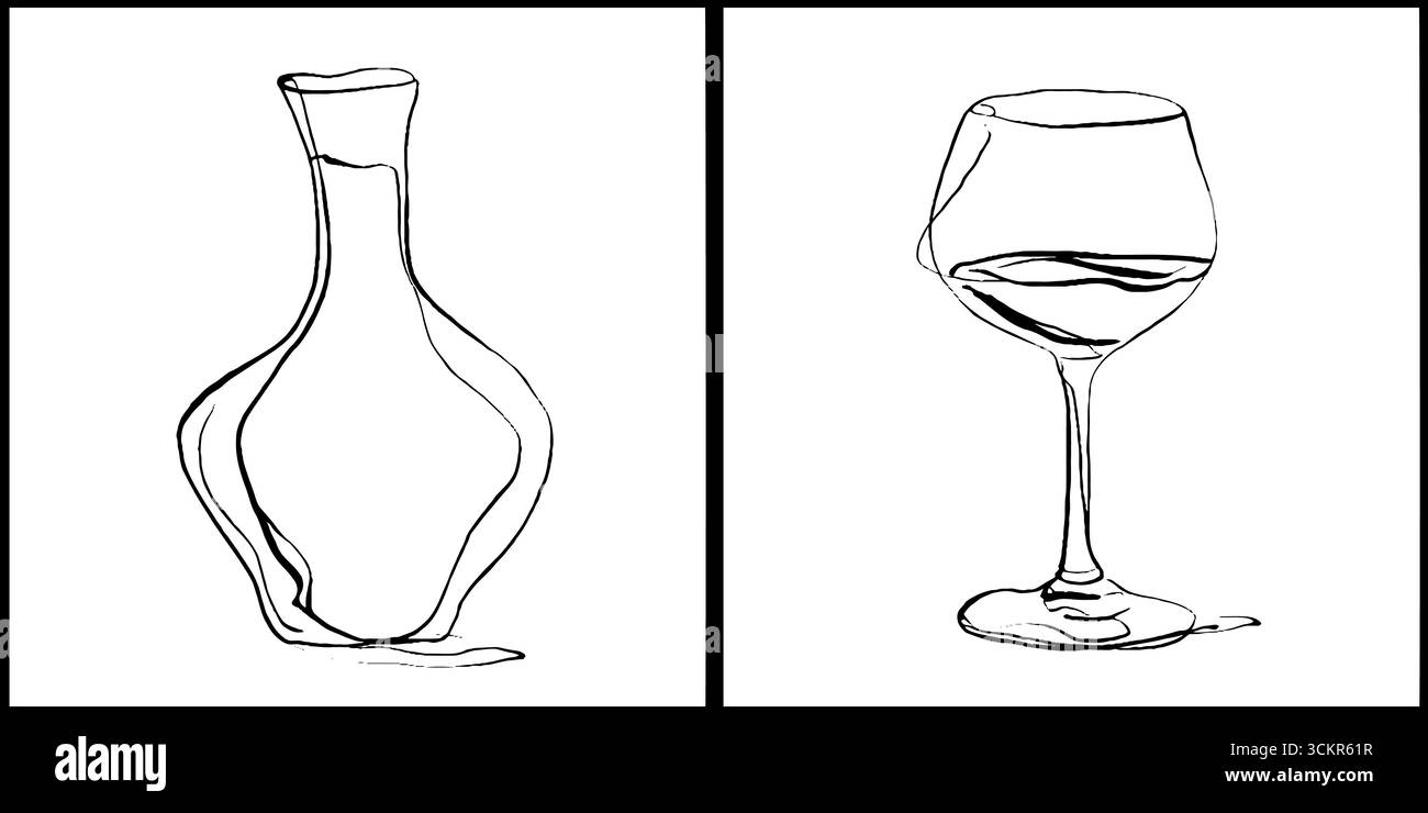 Illustration élégante d'art au trait des silhouettes de carafe et de verre à vin pour un décor artistique. Illustration de Vecteur