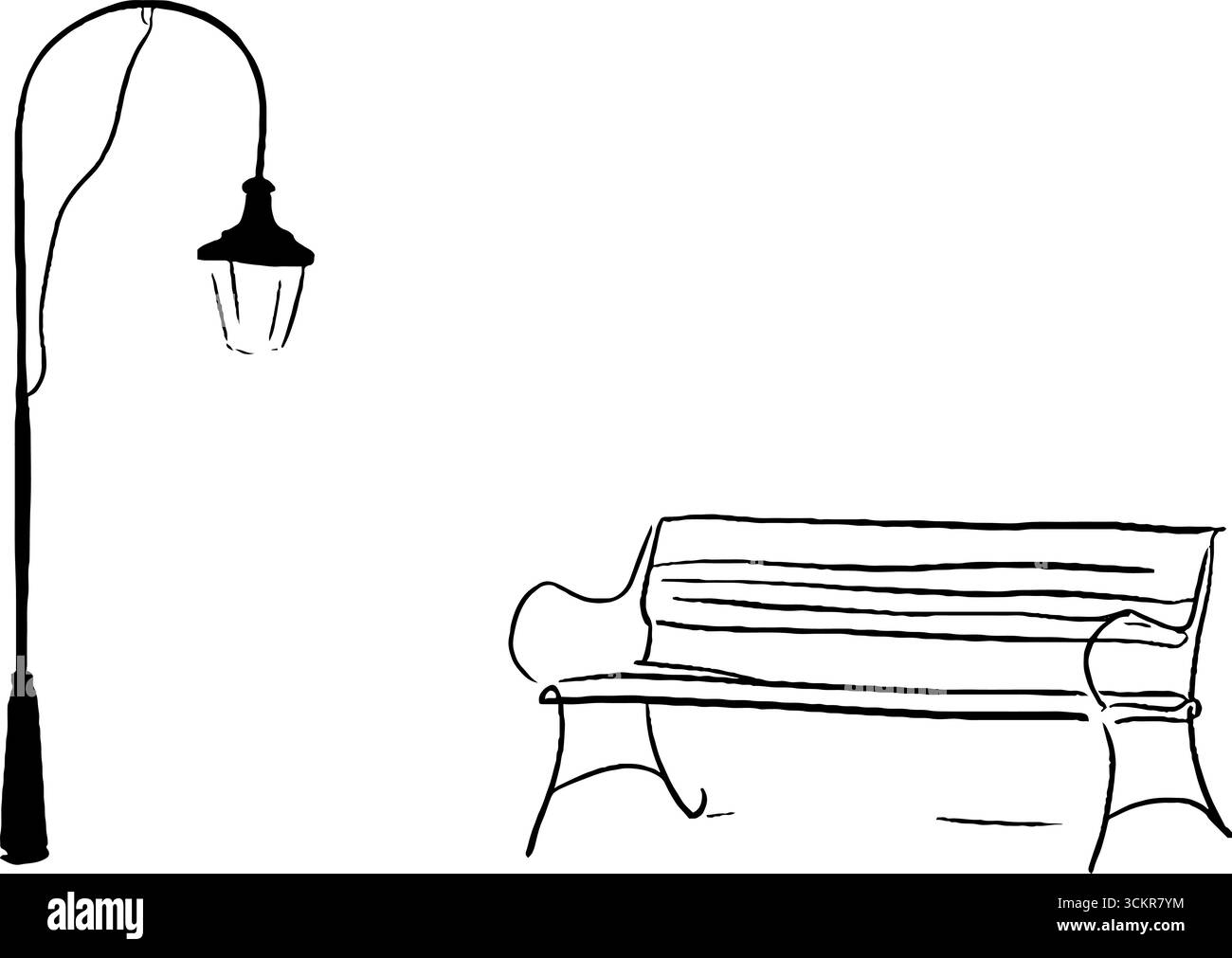 Art au trait minimaliste de scène de rue urbaine avec banc et lampadaire. Illustration de Vecteur