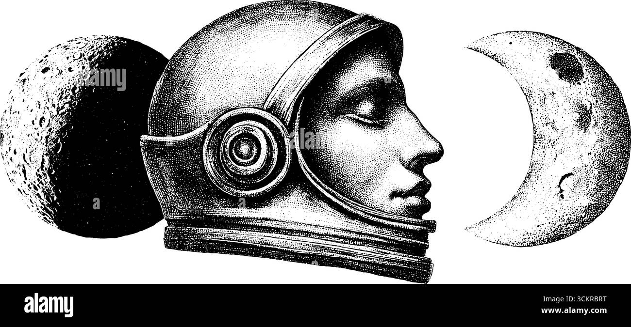 Cosmic Journey : conception de tatouage lunaire de casque astronaute pour une inspiration créative. Illustration de Vecteur