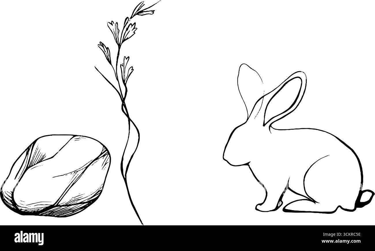 Illustration minimaliste de dessin au trait avec tendon de vigne, formation rocheuse et silhouette de lapin. Illustration de Vecteur