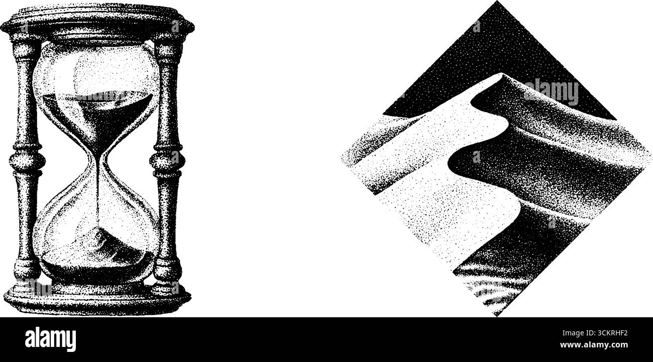 Tatouage à pois avec sablier et dunes du désert. Illustration de Vecteur