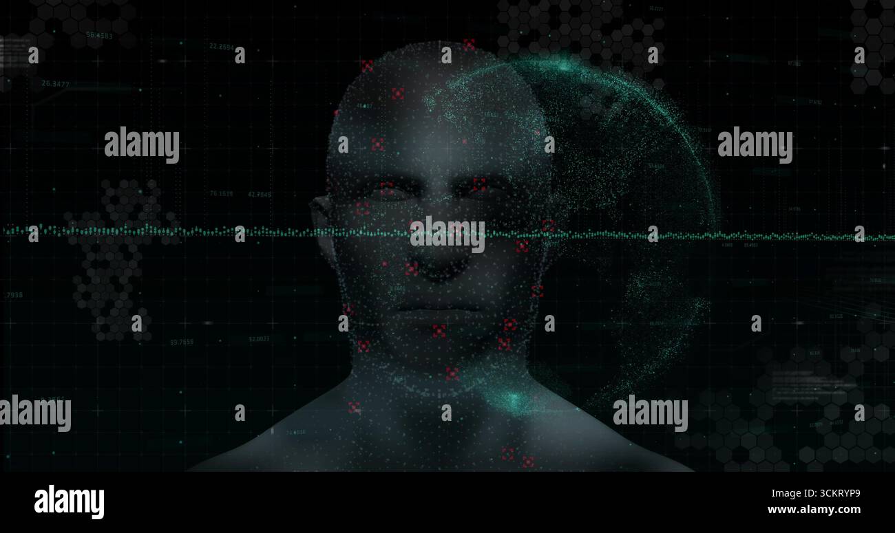 Buste masculin en cours de balayage dans l'interface biométrique, avec des points de repère rouges, ligne de balayage verte Banque D'Images