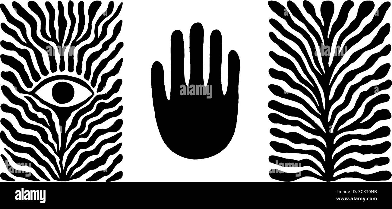 Symboles mystiques avec troisième œil, halo d'ondulation et conception de paume ouverte. Illustration de Vecteur
