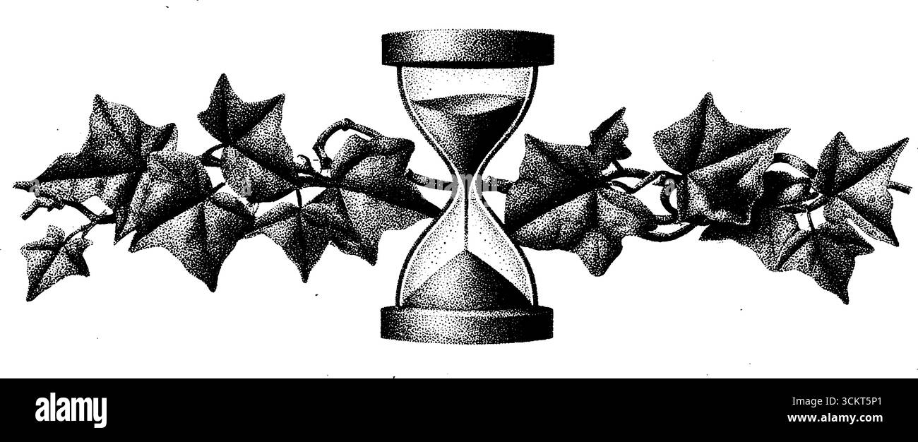 Tatouage Dotwork conception de sablier et de vigne lierre symbolisant le temps et la nature. Illustration de Vecteur