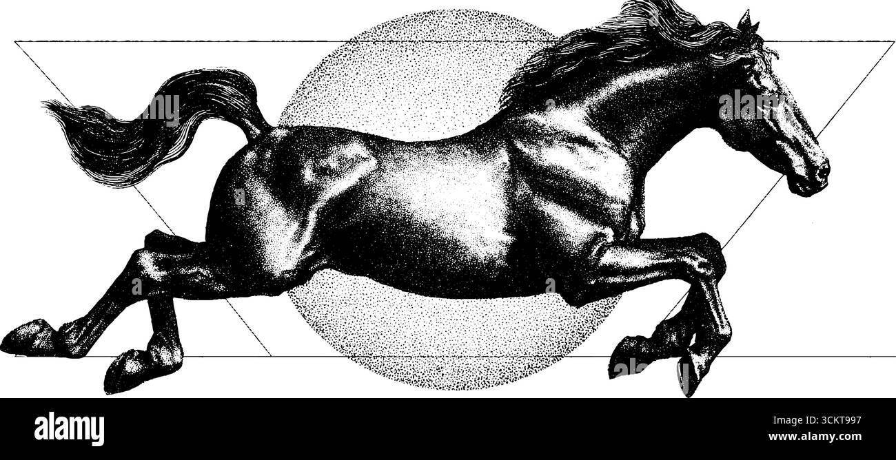 Conception de tatouage de cheval galopant avec selle dans le style dotwork. Illustration de Vecteur