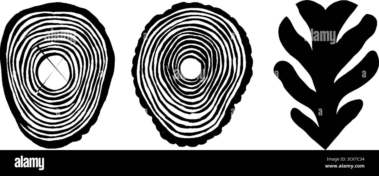Éléments de la nature : anneaux d'arbre, forme de mousse et conception de silhouette de coléoptère pour l'art et la décoration. Illustration de Vecteur