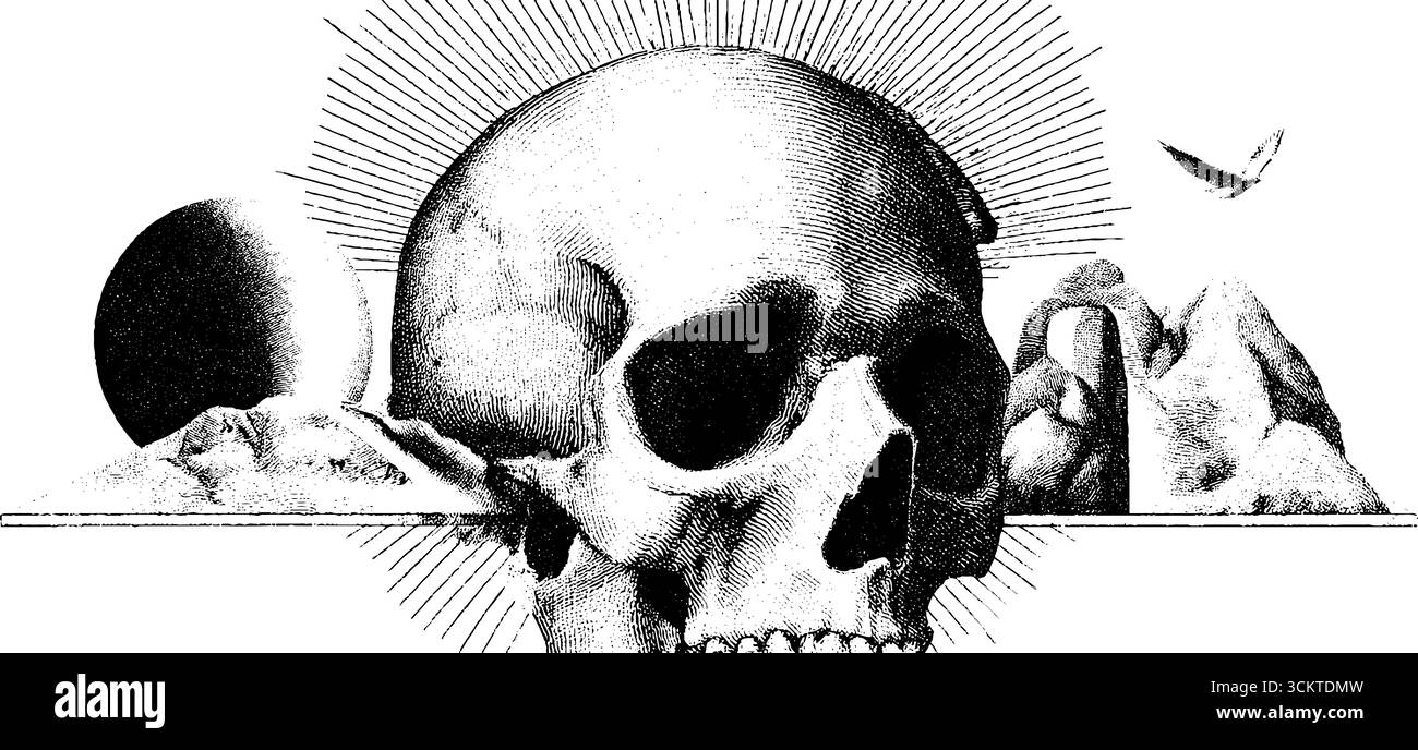 Collage surréaliste avec crâne et portail cosmique sous éclat de soleil radieux. Illustration de Vecteur