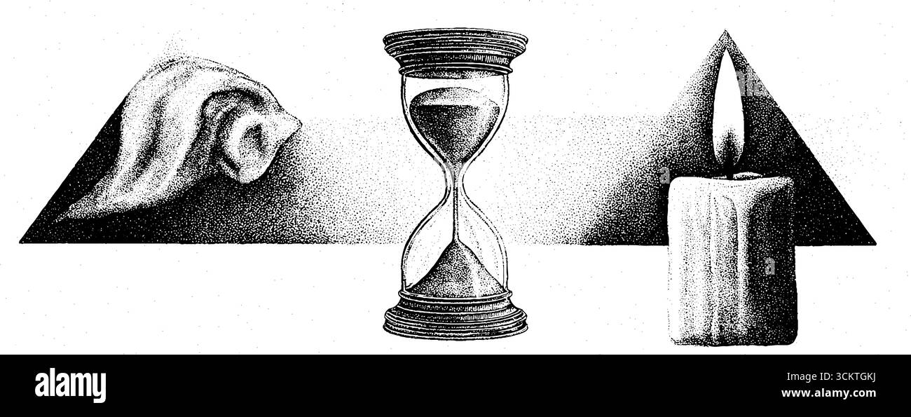 Temps et transit : concept de conception de tatouage en cire de sablier et de bougie. Illustration de Vecteur