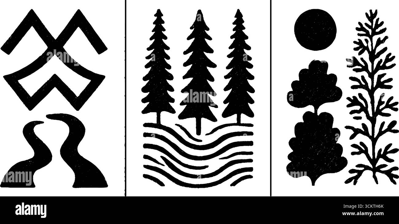 Symboles mystiques avec prisme en cristal et éléments forestiers pour un design abstrait. Illustration de Vecteur