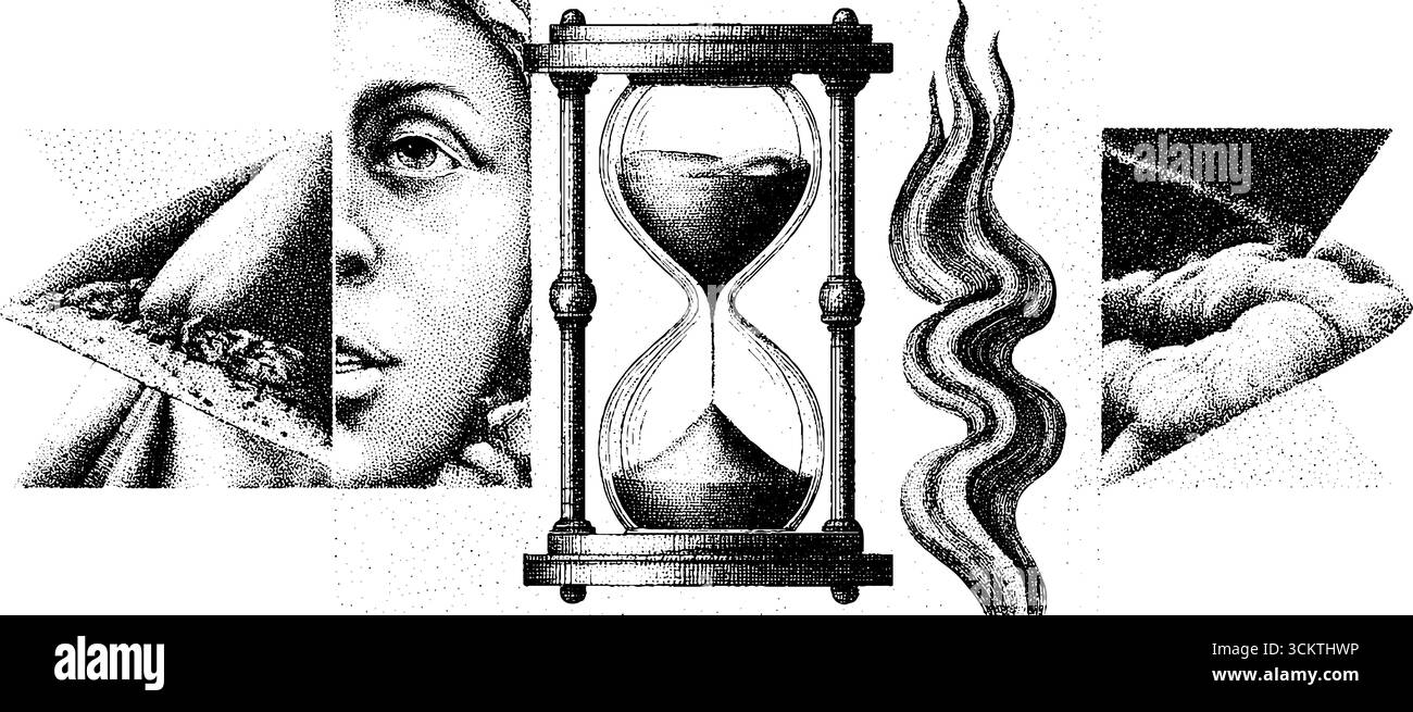 Collage surréaliste avec des éléments de sablier et de tourbillon de fumée pour le design artistique. Illustration de Vecteur