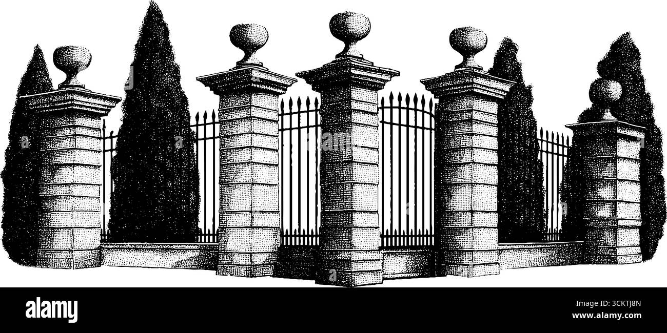 Croquis à l'encre d'une élégante porte de fer et de piliers en pierre avec des cyprès. Illustration de Vecteur