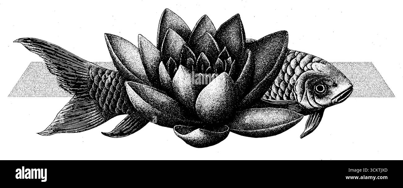 Fusion artistique de pétales de lotus et de poissons koï dans un design de style ligne épurée pour un décor élégant. Illustration de Vecteur