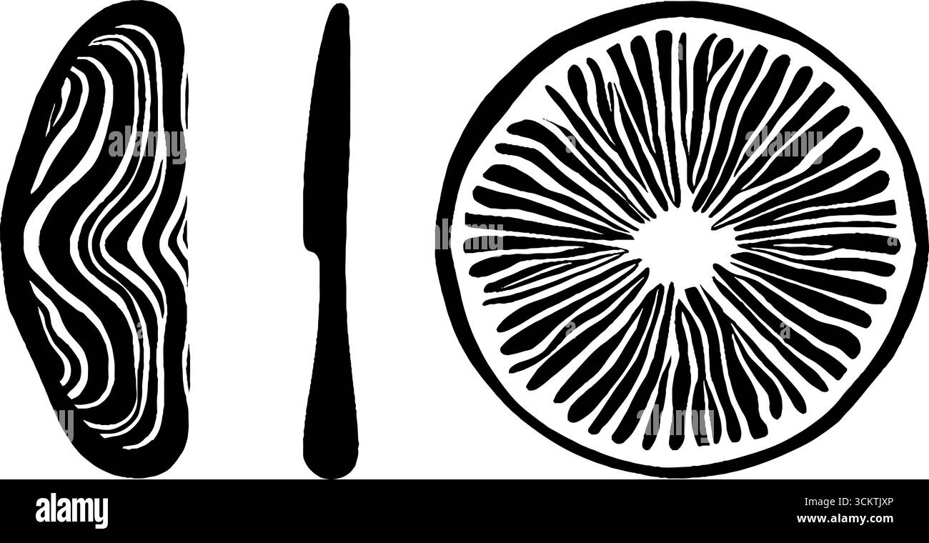 Tranche de figue noire et blanche abstraite et couteau à beurre sur la conception de table en marbre pour un décor moderne. Illustration de Vecteur