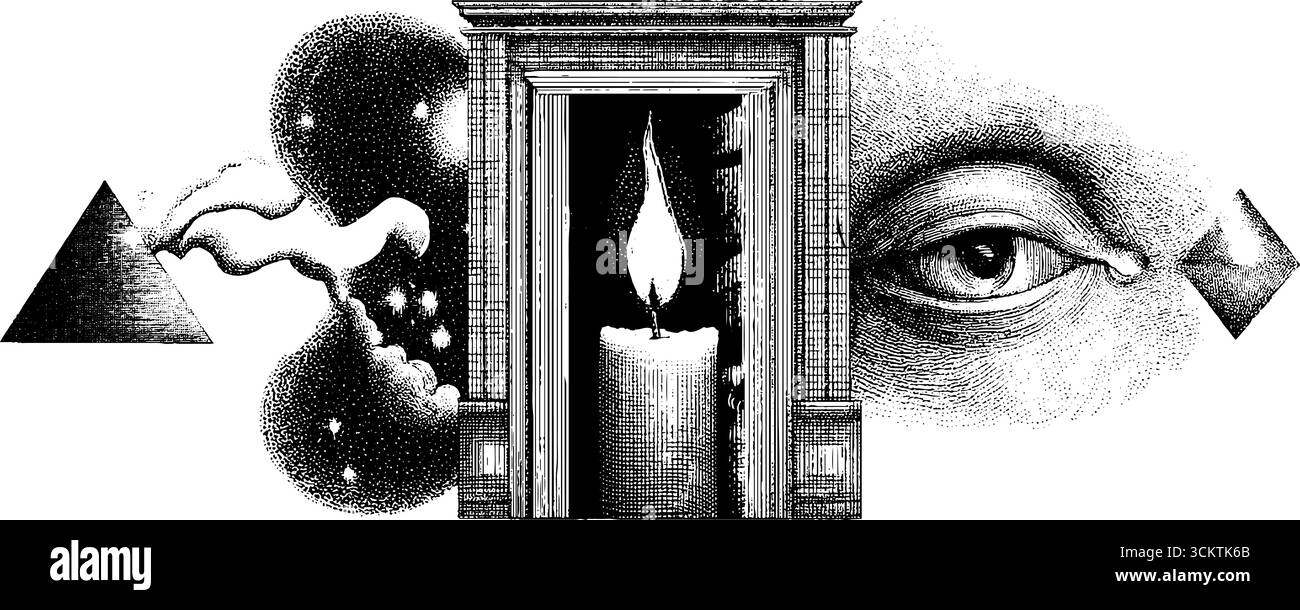 Collage surréaliste avec porte verrouillée et bougie allumée. Illustration de Vecteur