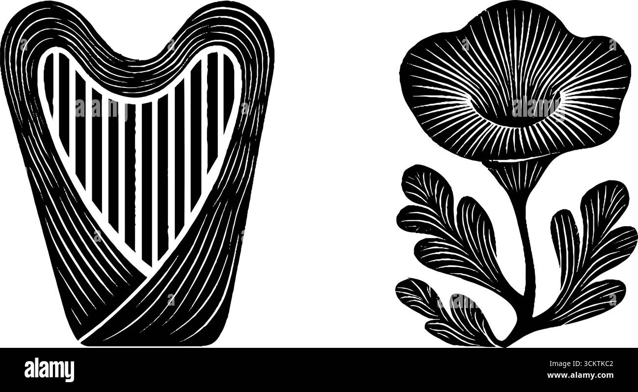 Conception minimaliste de harpe noire et de fleur avec jeu d'ombres. Illustration de Vecteur