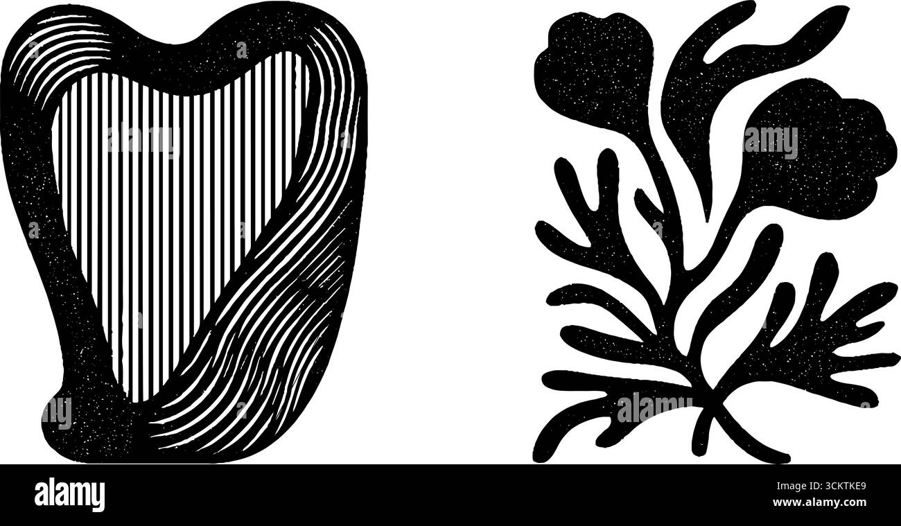 Harpe noire minimaliste et ombres fleuries pour un design créatif. Illustration de Vecteur