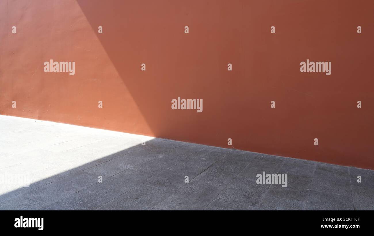 Ombre portée organique, diagonale sur un mur orange et texture de tuile grise, effet de superposition pour la photo. Effet de texture léger. Banque D'Images